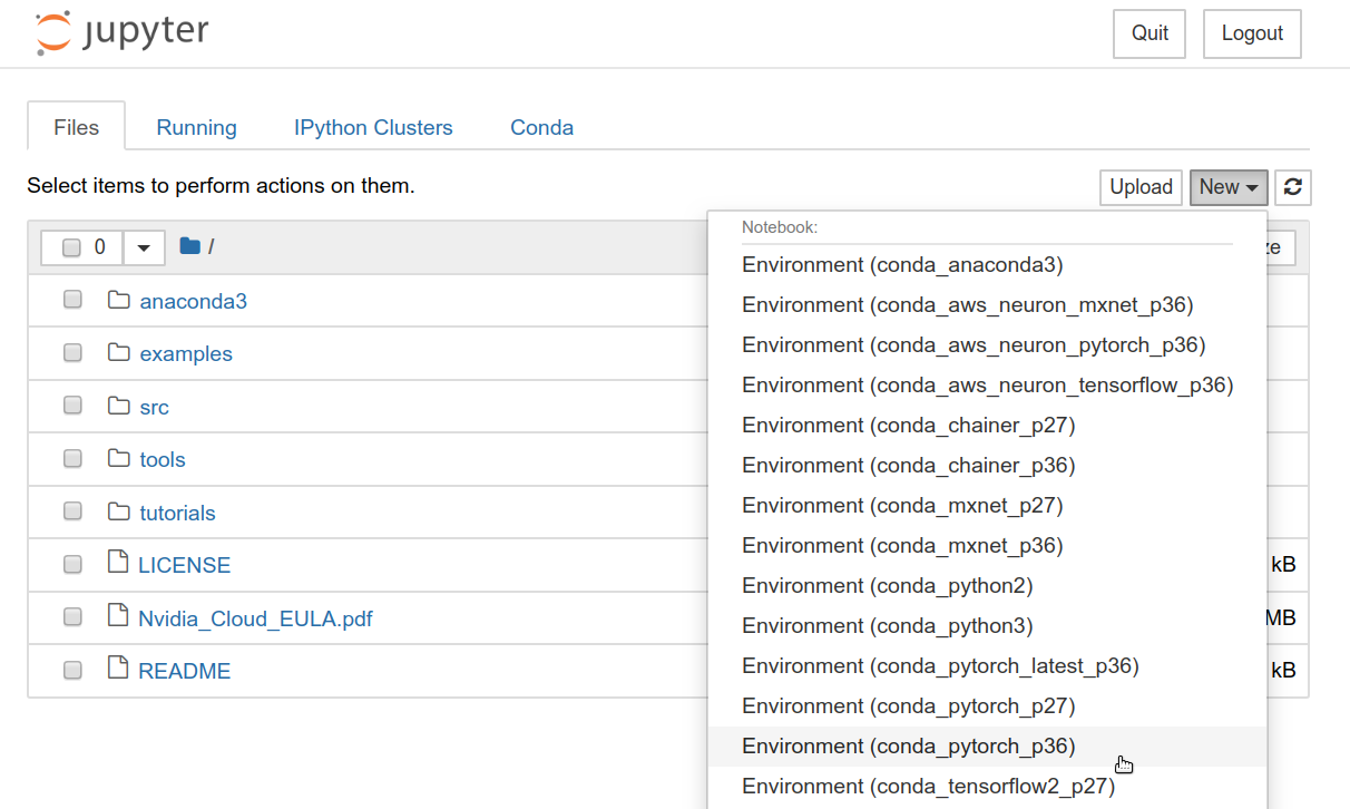 新規ノートブックの作成． "conda_pytorch_p36" の環境を選択する．
